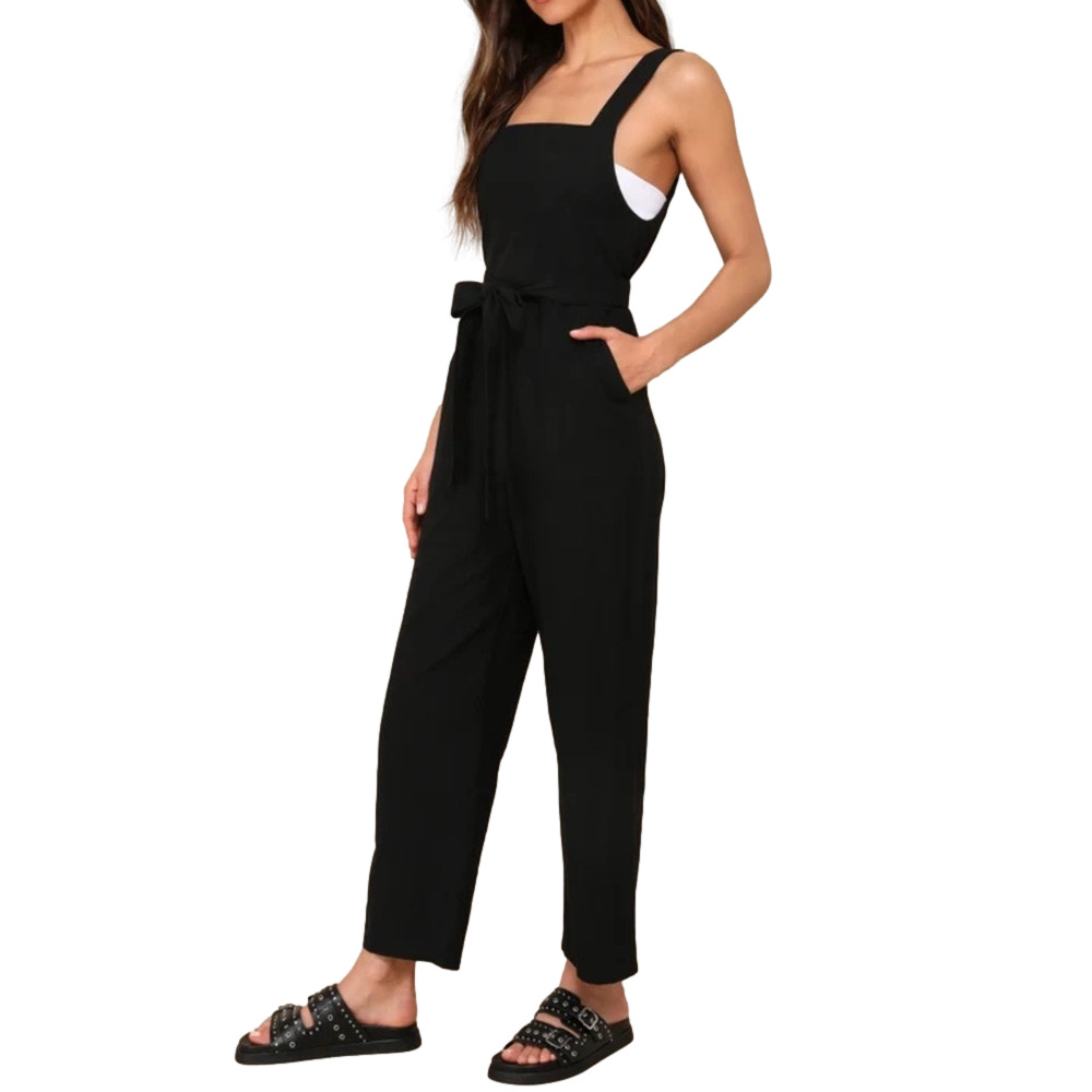 LULU’S Women’s Easygoing Summer Black Linen Blend Overalls Jumpsuit